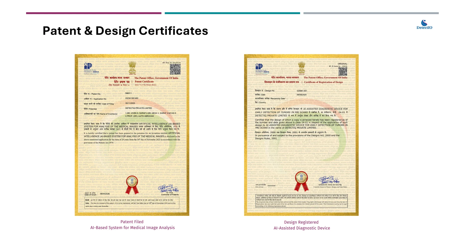 Patent and design registration certificates